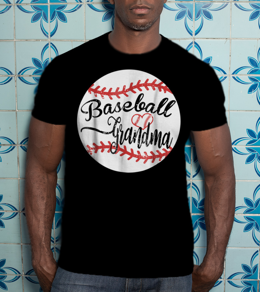 Baseball Grandma With Heart Stitching Baseball T-Shirt