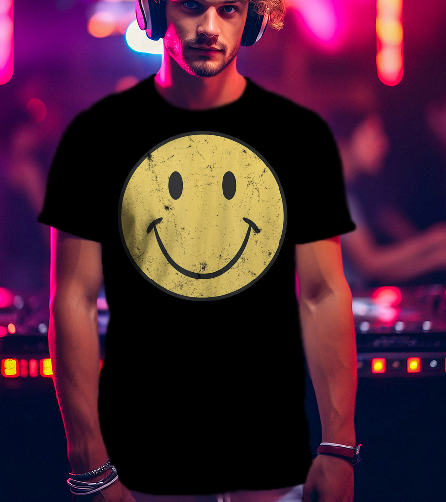 Retro 70s Smiley Face Distressed Yellow T-Shirt