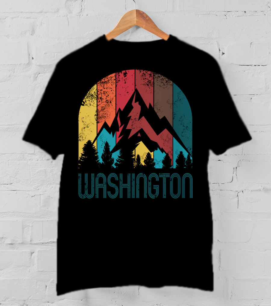 Washington Retro Mountain Landscape Forest Silhouette Vintage Multicolor Stripes T-Shirt