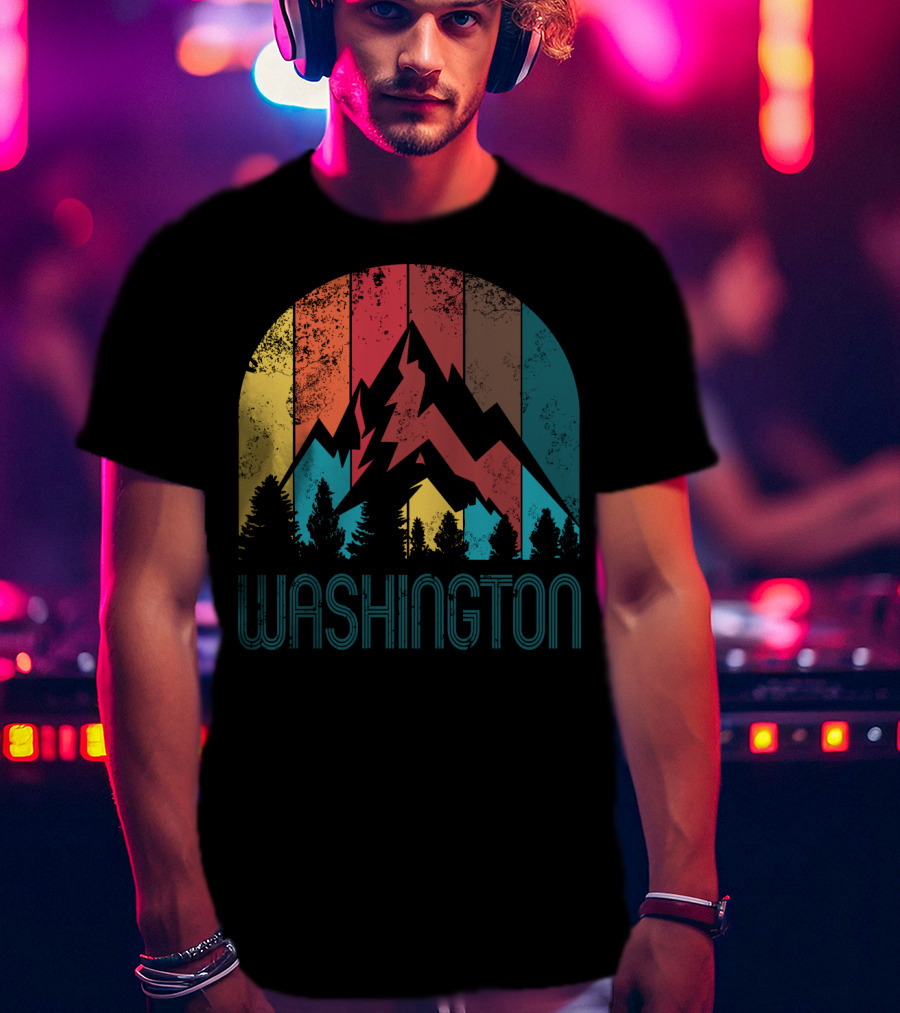 Washington Retro Mountain Landscape Forest Silhouette Vintage Multicolor Stripes T-Shirt