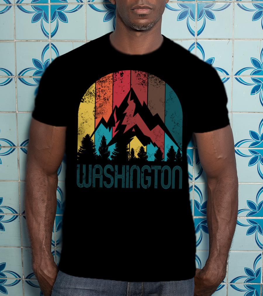 Washington Retro Mountain Landscape Forest Silhouette Vintage Multicolor Stripes T-Shirt