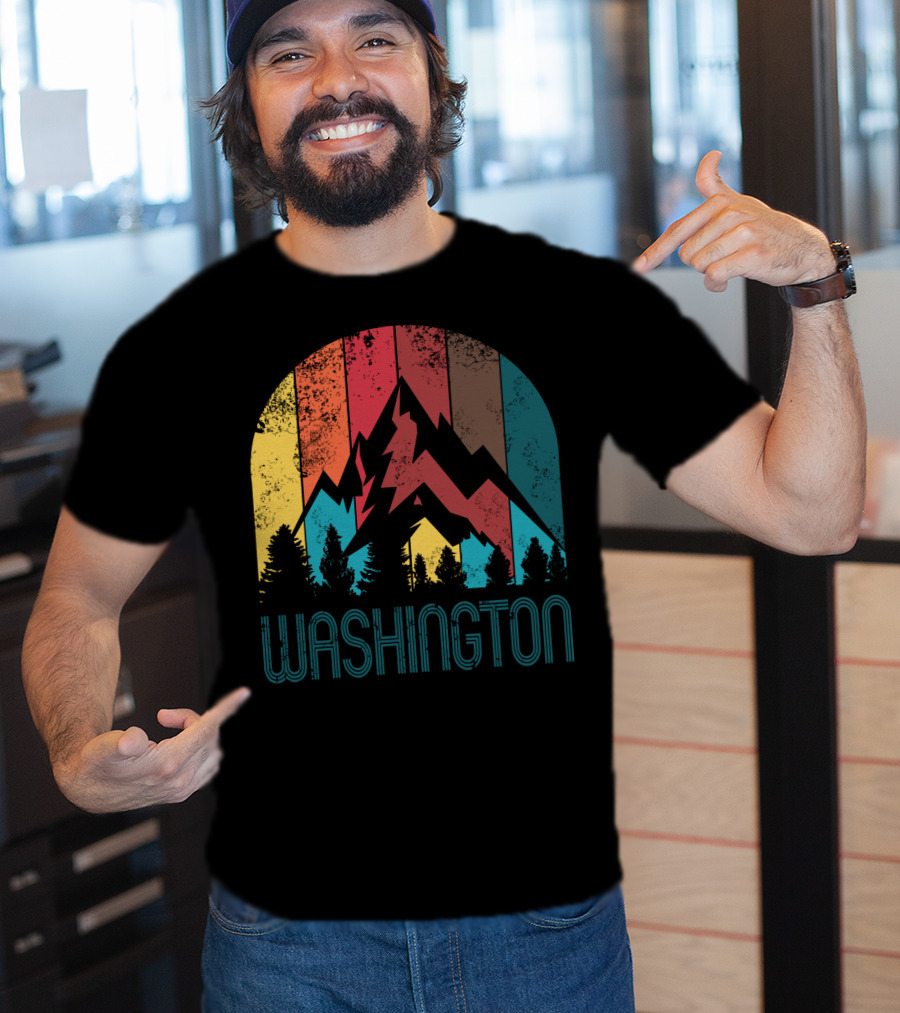 Washington Retro Mountain Landscape Forest Silhouette Vintage Multicolor Stripes T-Shirt