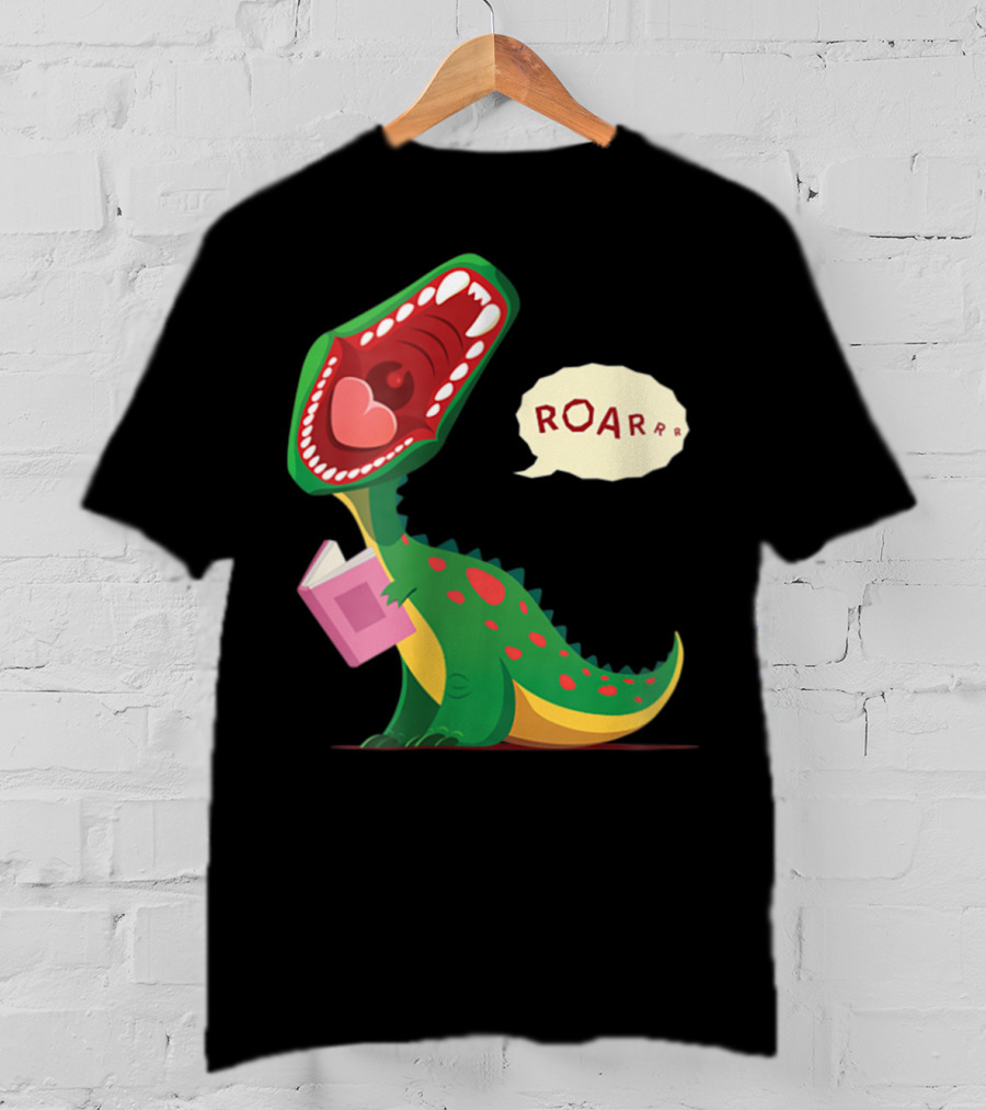 Roar Trex Dinosaur Holding Pink Book And Heart Inside Mouth T-Shirt