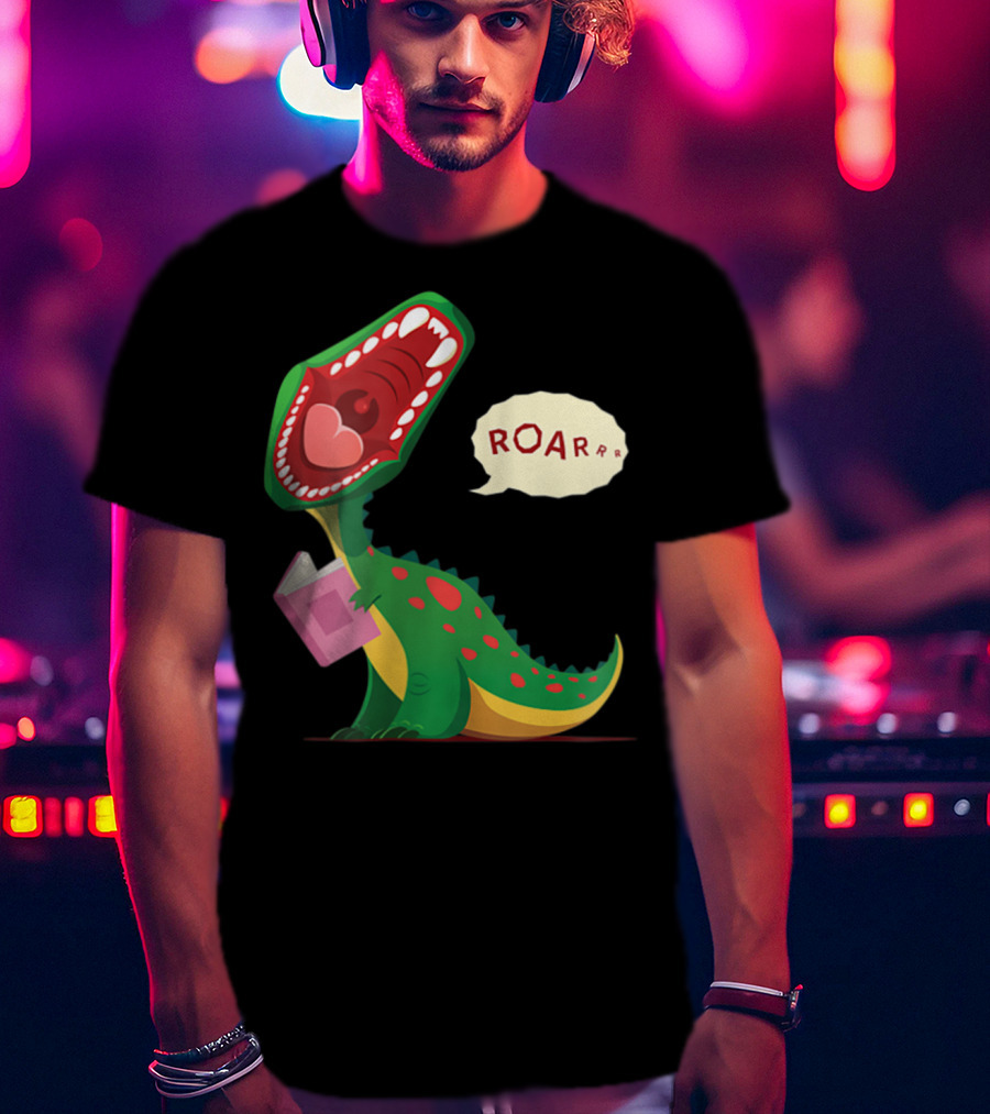 Roar Trex Dinosaur Holding Pink Book And Heart Inside Mouth T-Shirt