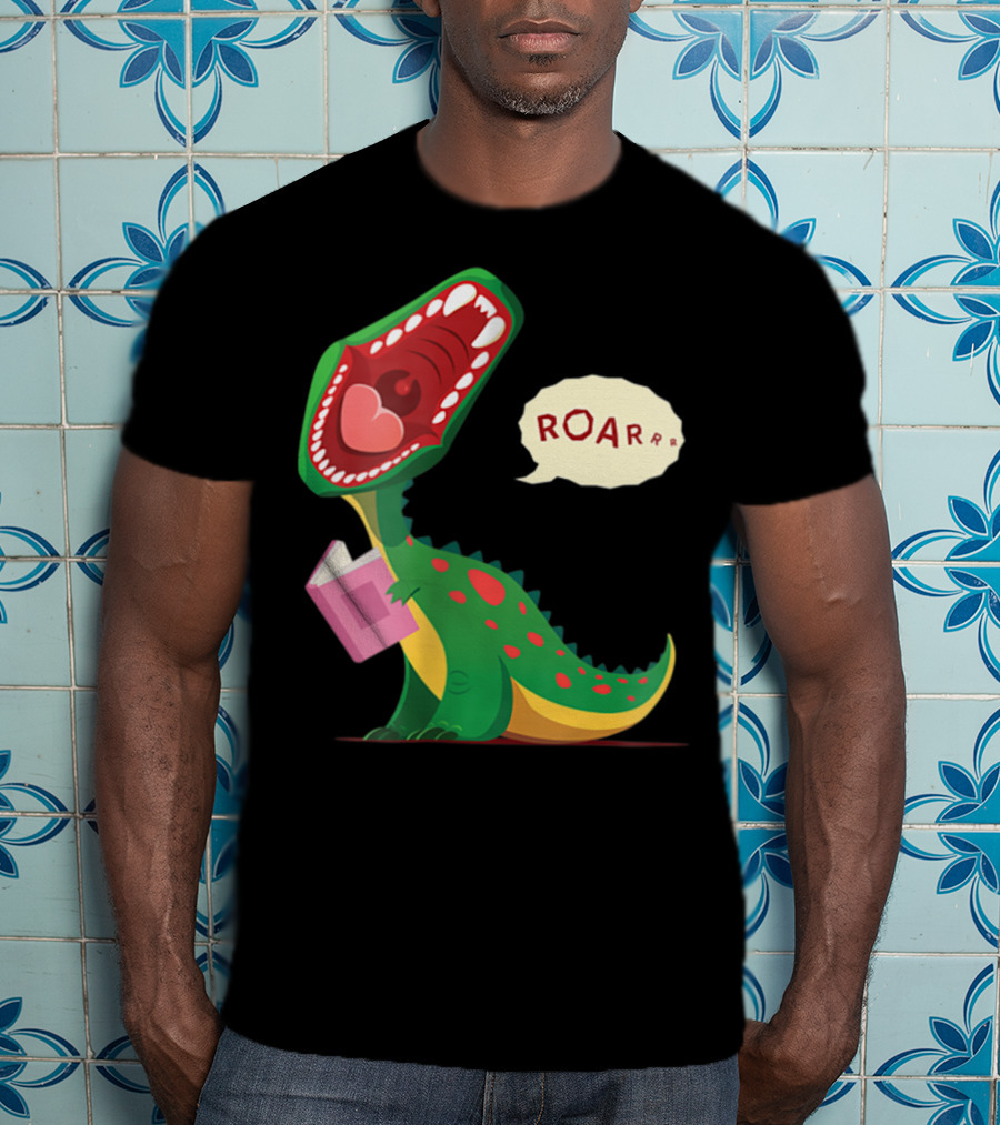 Roar Trex Dinosaur Holding Pink Book And Heart Inside Mouth T-Shirt