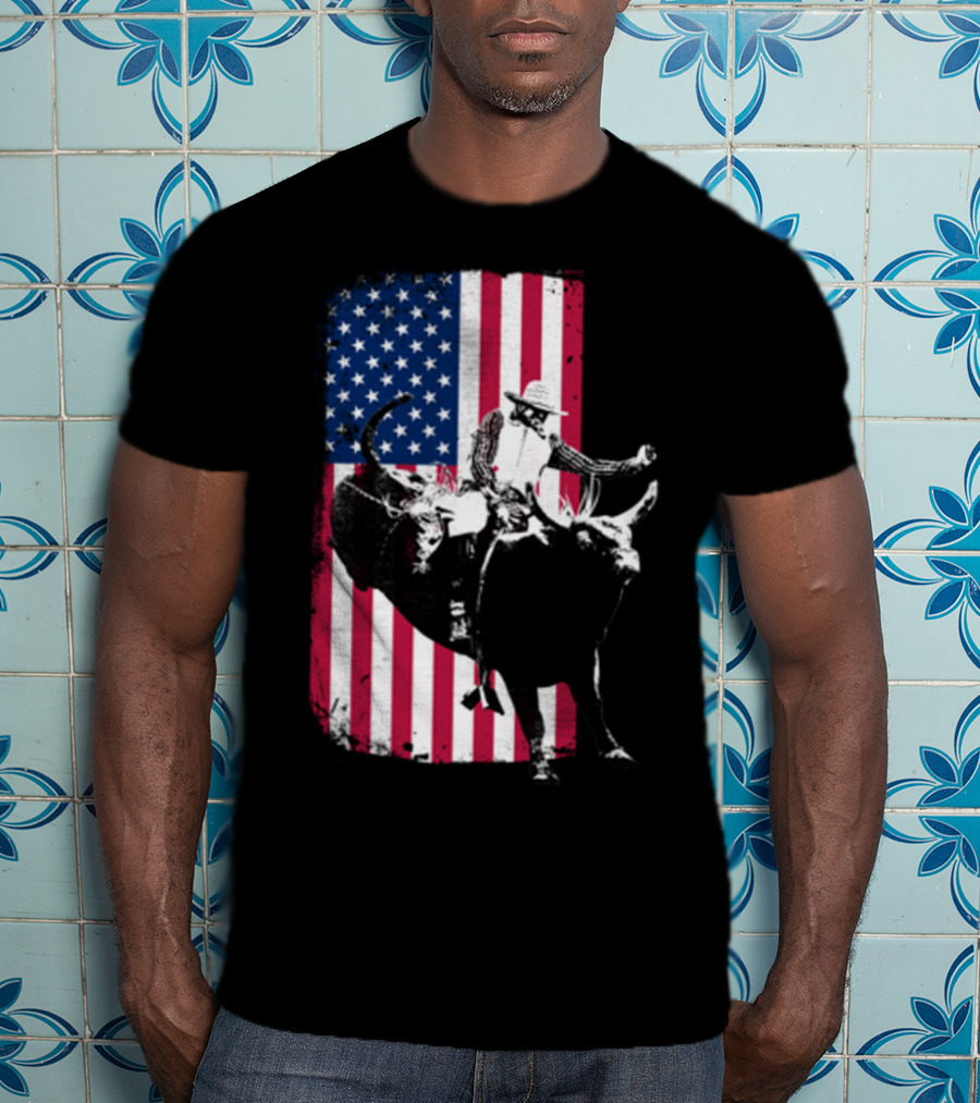 Rodeo Bull Rider American Flag Cowboy Patriot T-Shirt