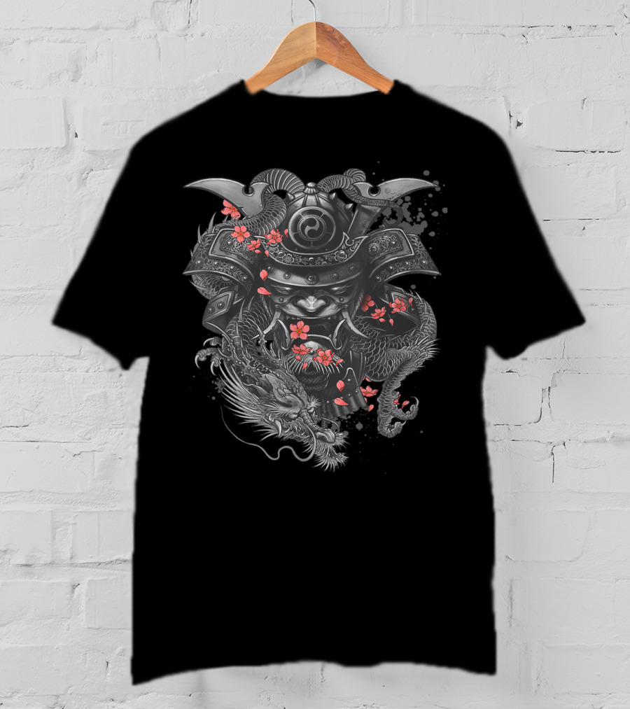 Samurai Warrior Dragon Cherry Blossoms Japanese Bushido Knight T-Shirt
