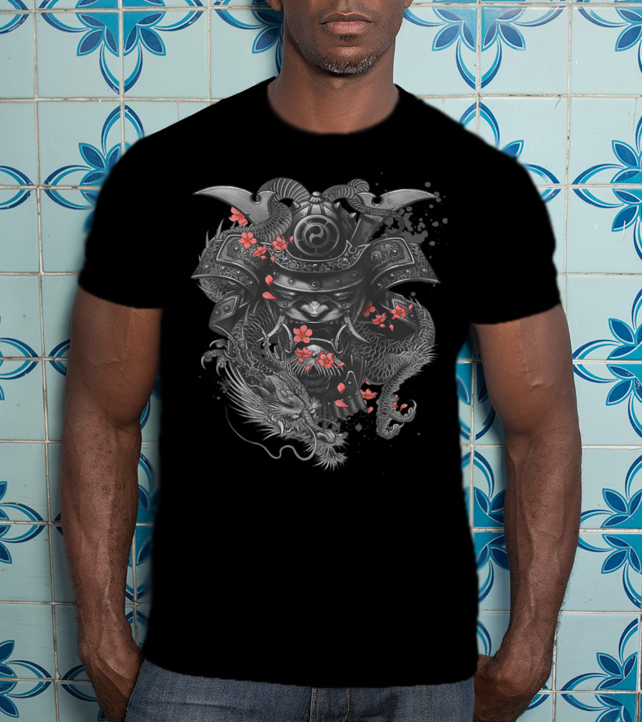 Samurai Warrior Dragon Cherry Blossoms Japanese Bushido Knight T-Shirt