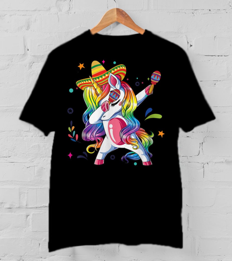 Sombrero Wearing Dabbing Unicorn With Maracas For Cinco De Mayo T-Shirt