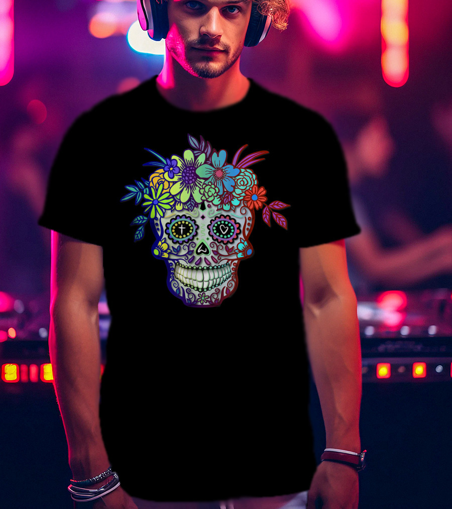 Sugar Skull Dia De Los Muertos Colorful Floral Day Of The Dead T-Shirt