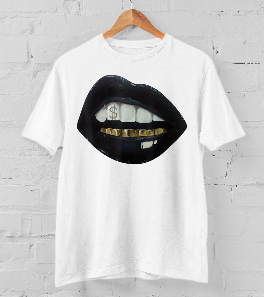 Red Black Lips Gold Teeth Dollar Smile T-Shirt