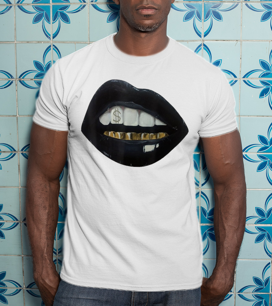 Red Black Lips Gold Teeth Dollar Smile T-Shirt