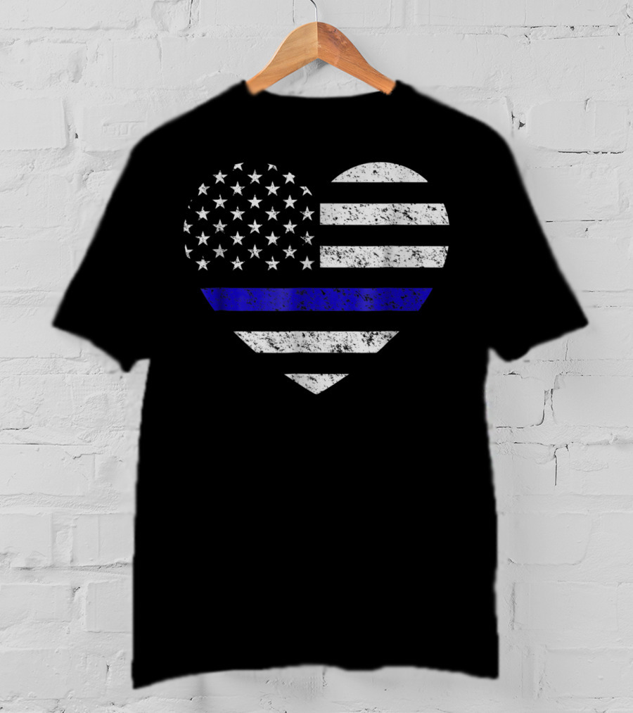 Thin Blue Line American Flag Heart Police Support T-Shirt