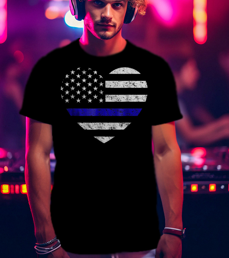 Thin Blue Line American Flag Heart Police Support T-Shirt