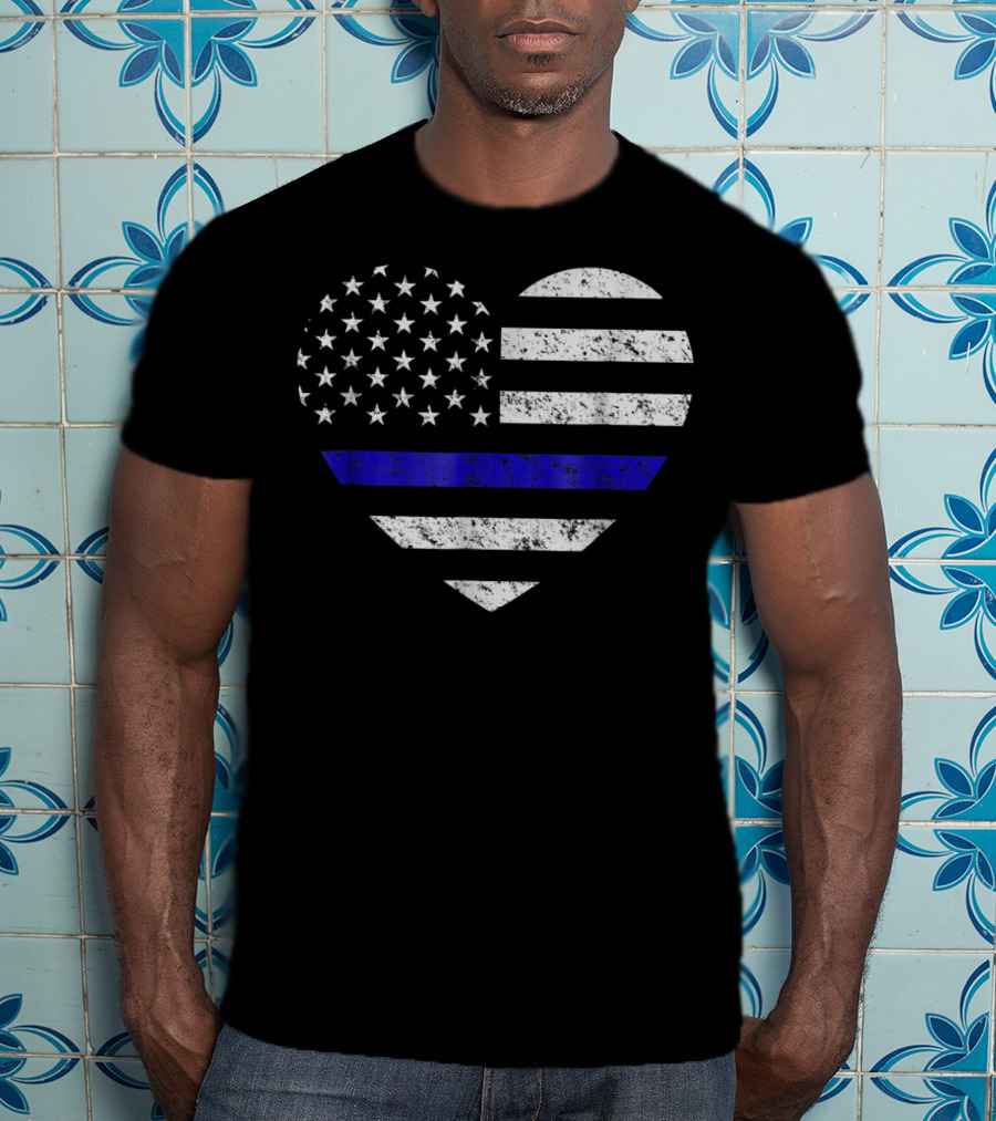 Thin Blue Line American Flag Heart Police Support T-Shirt