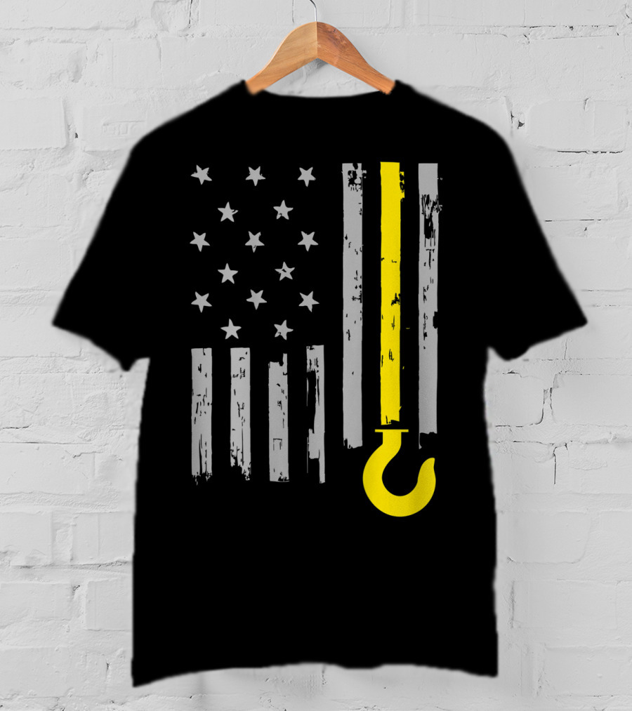 Tow Truck Driver American Flag Yellow Line Hook T-Shirt