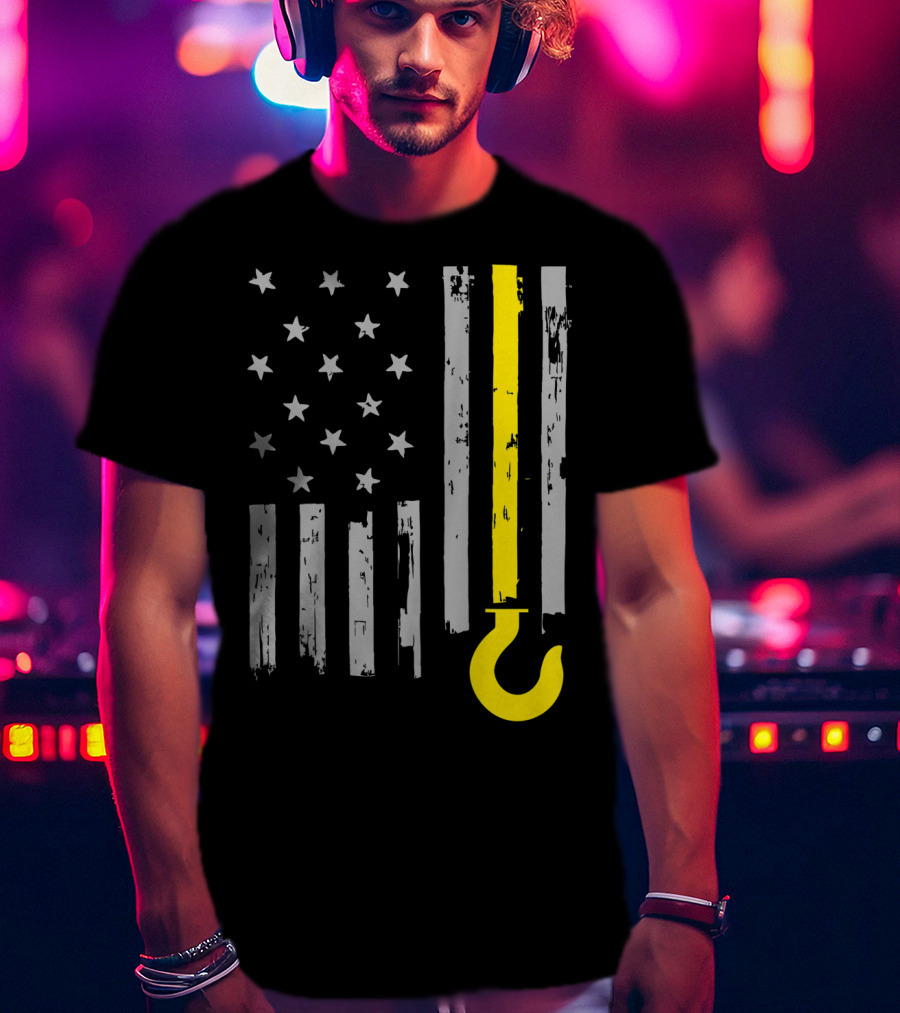 Tow Truck Driver American Flag Yellow Line Hook T-Shirt