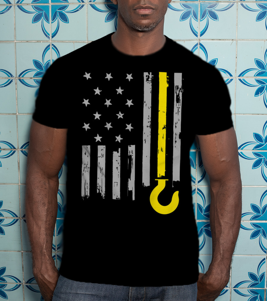 Tow Truck Driver American Flag Yellow Line Hook T-Shirt