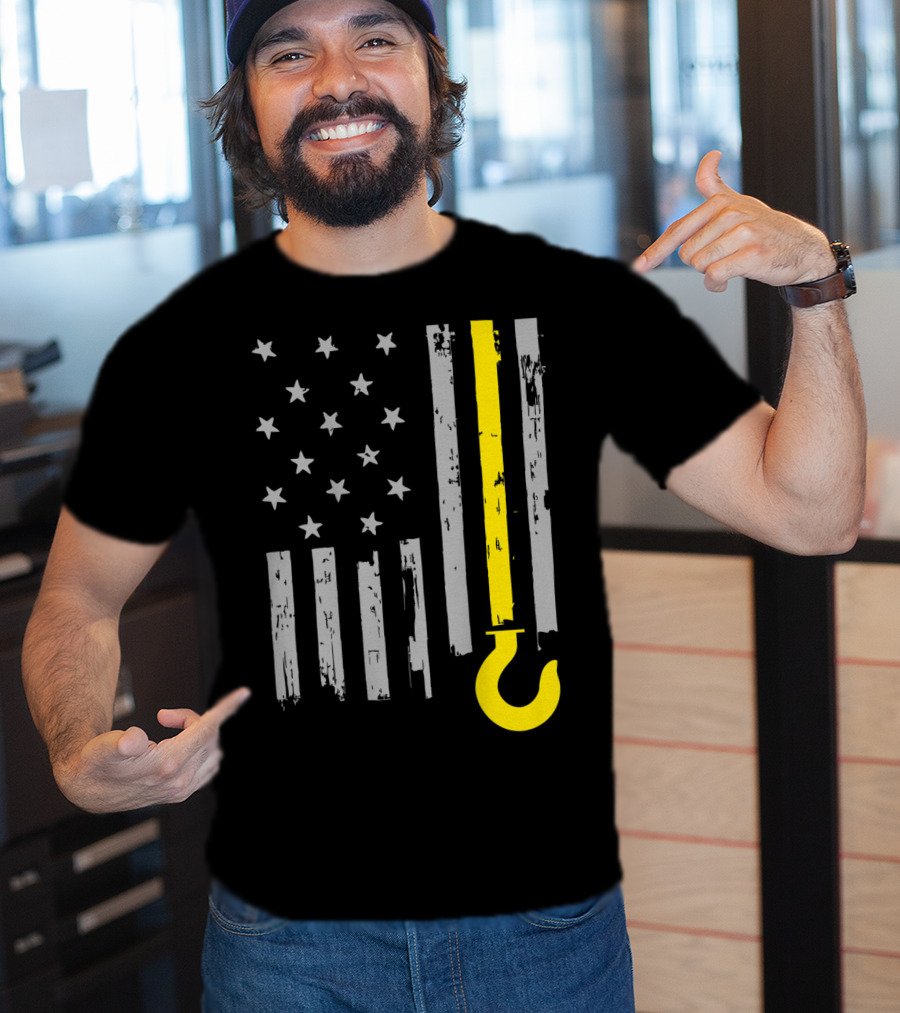 Tow Truck Driver American Flag Yellow Line Hook T-Shirt