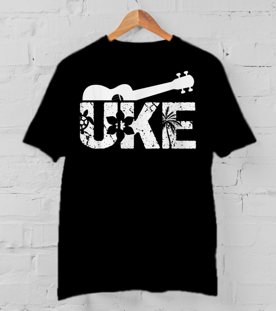 Uke Hawaiian Ukulele Guitar Music With Floral And Palm T-Shirt