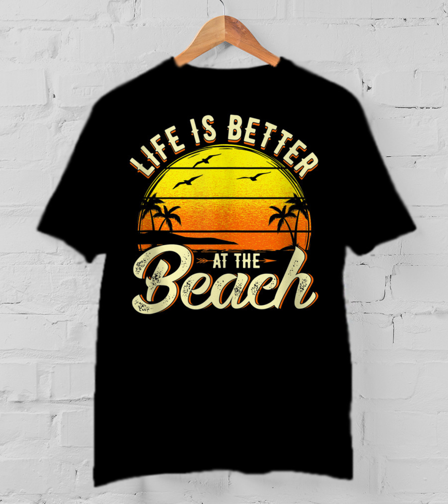Life Is Better At The Beach Tropical Sunset With Palm Trees And Seagulls T-Shirt