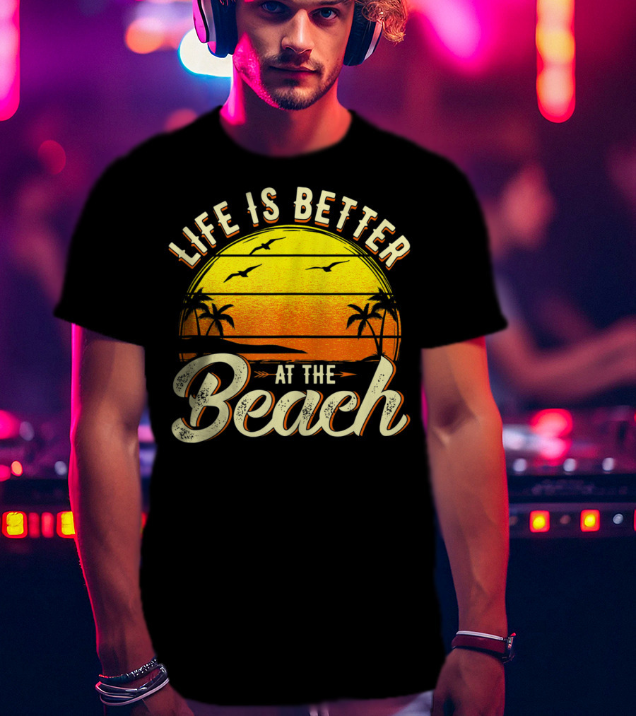 Life Is Better At The Beach Tropical Sunset With Palm Trees And Seagulls T-Shirt