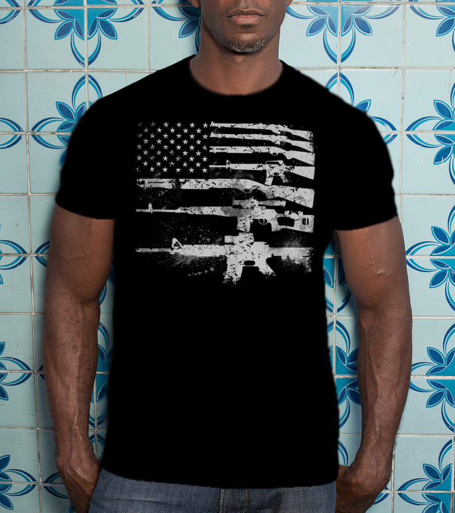 USA Flag Made Of Rifles Guns Weapons Military 2A Stripes T-Shirt