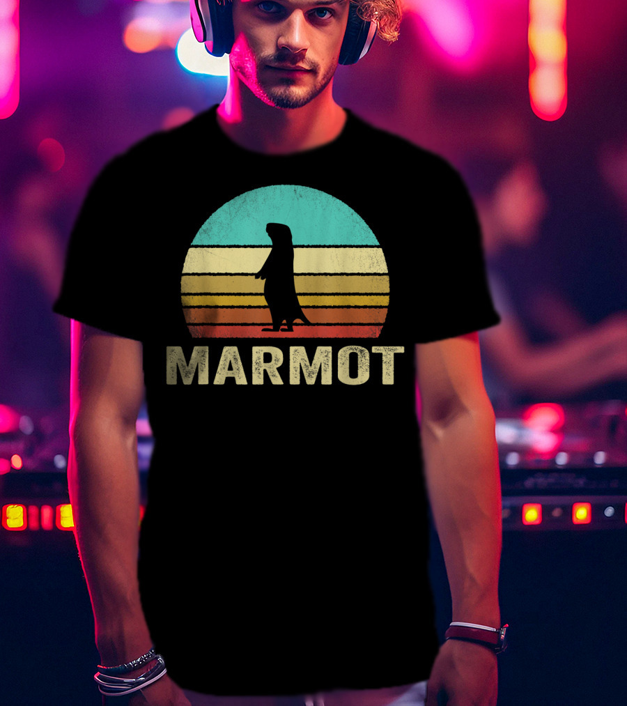 Retro Marmot Silhouette Sunset Stripes T-Shirt
