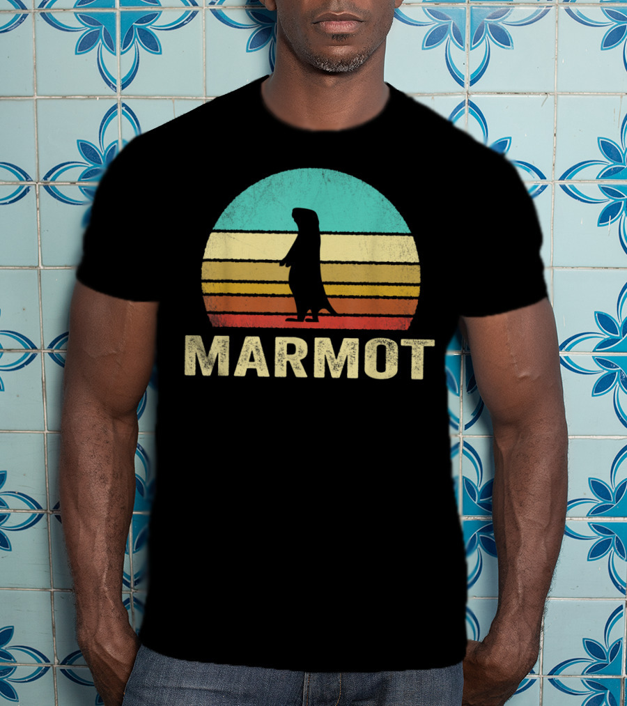 Retro Marmot Silhouette Sunset Stripes T-Shirt