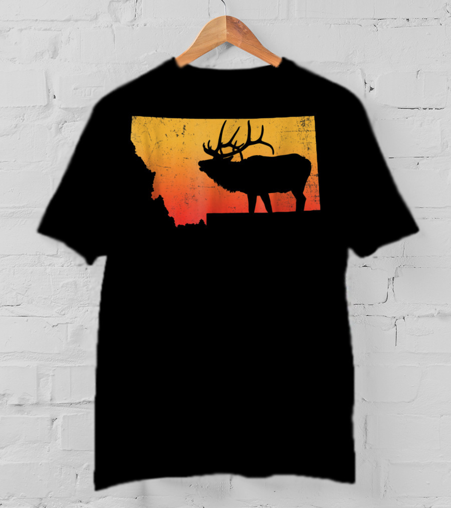 Montana Elk Silhouette Vintage Outdoors Sunset Scene T-Shirt