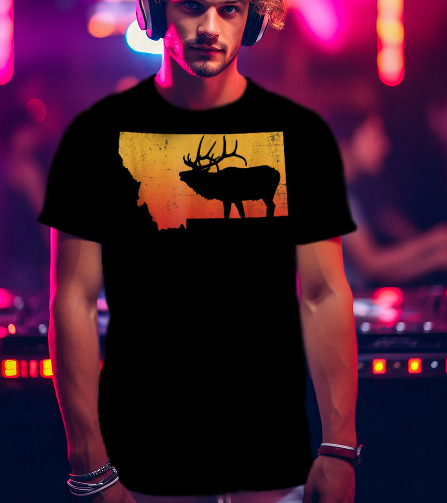 Montana Elk Silhouette Vintage Outdoors Sunset Scene T-Shirt