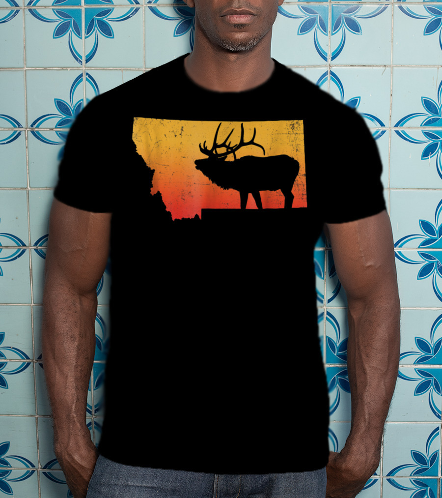 Montana Elk Silhouette Vintage Outdoors Sunset Scene T-Shirt