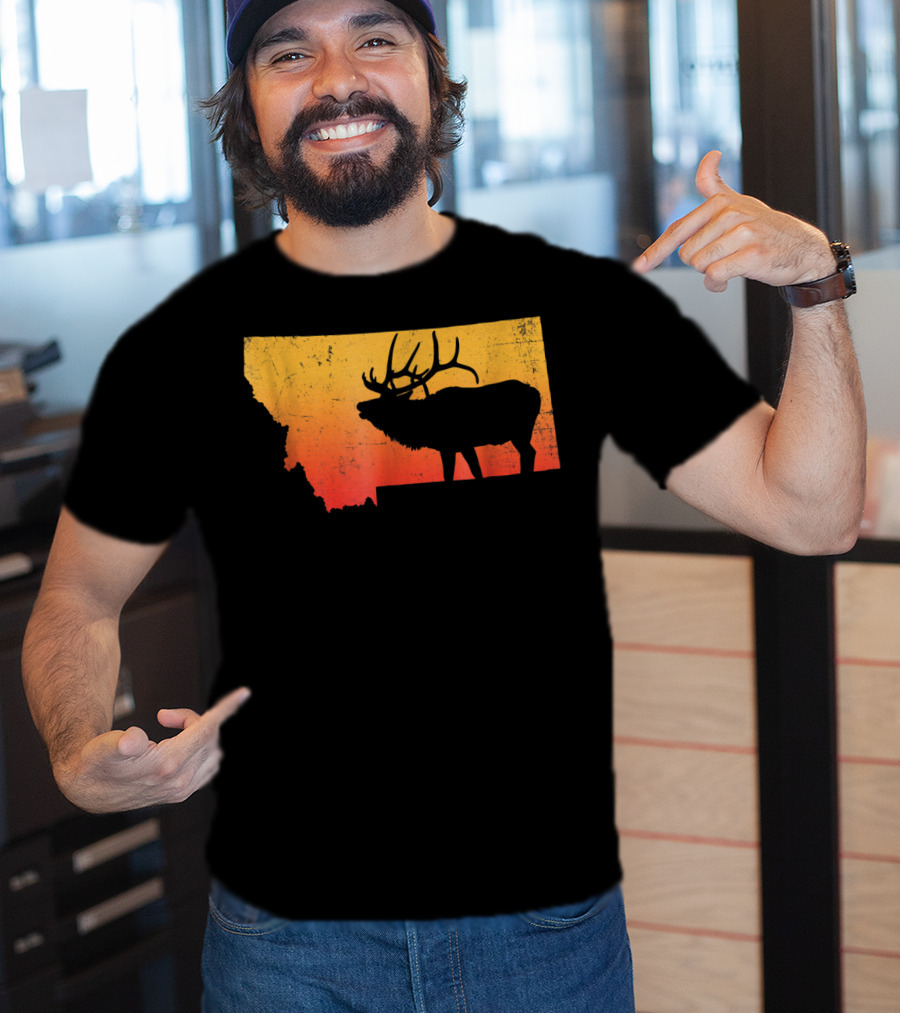 Montana Elk Silhouette Vintage Outdoors Sunset Scene T-Shirt