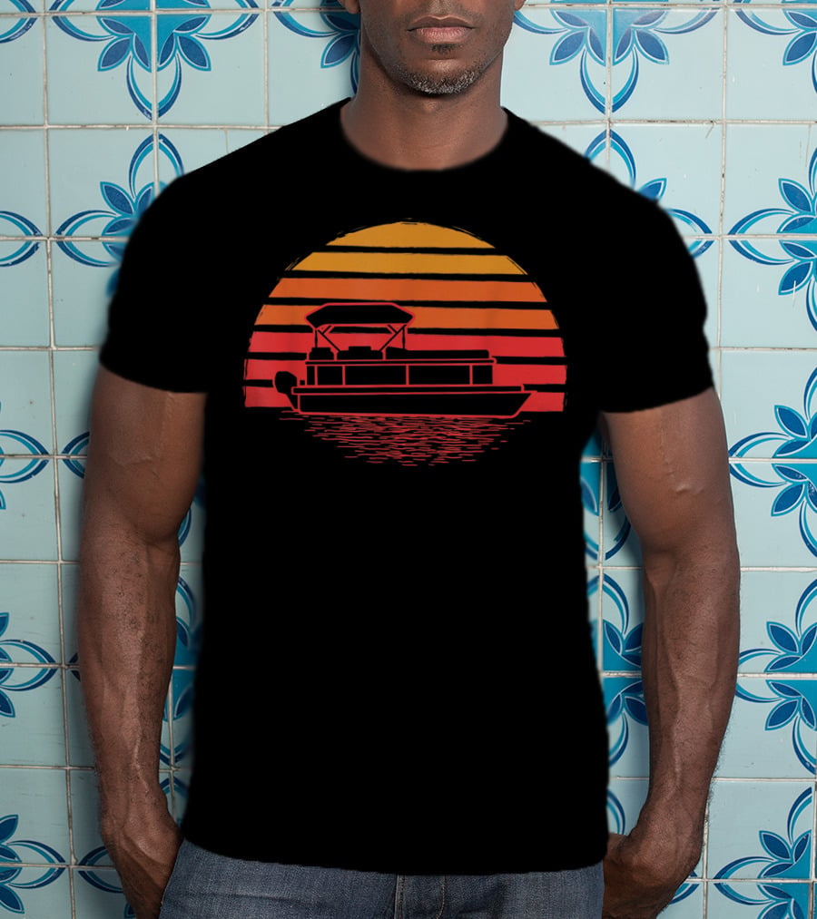Vintage Pontoon Boat Silhouette Sunset Retro Vibes T-Shirt