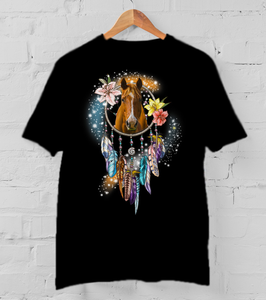 Horse Dreamcatcher Floral Feathers Sparkle T-Shirt