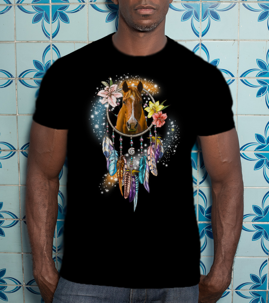 Horse Dreamcatcher Floral Feathers Sparkle T-Shirt