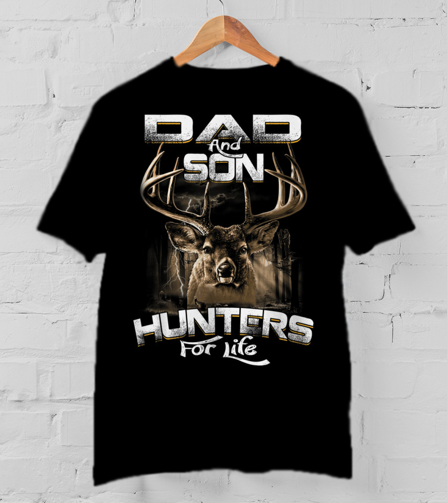 Dad And Son Hunters For Life Deer Antlers Forest Scene T-Shirt
