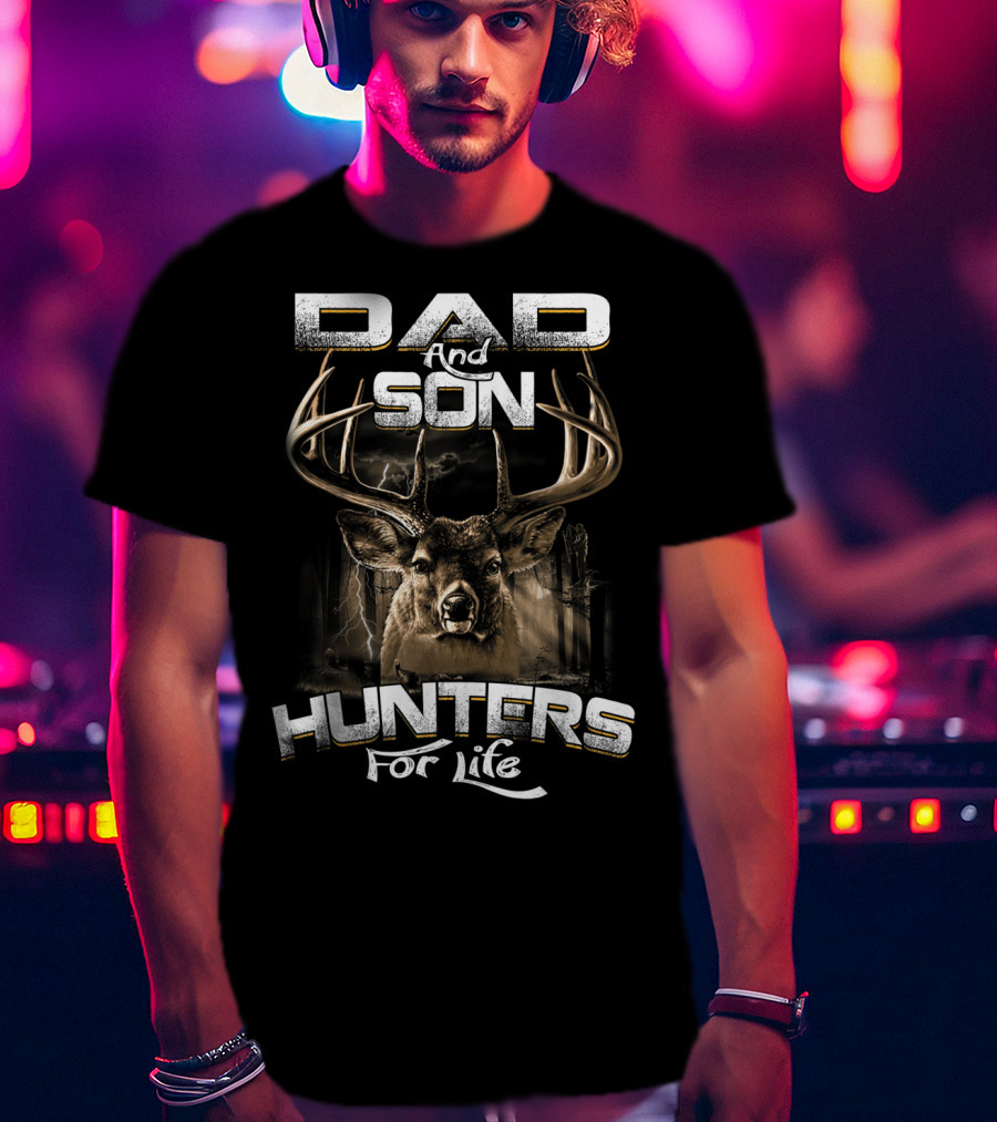 Dad And Son Hunters For Life Deer Antlers Forest Scene T-Shirt