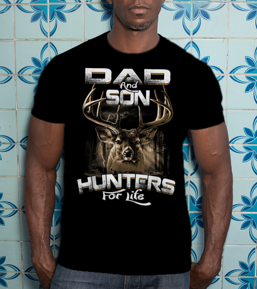 Dad And Son Hunters For Life Deer Antlers Forest Scene T-Shirt