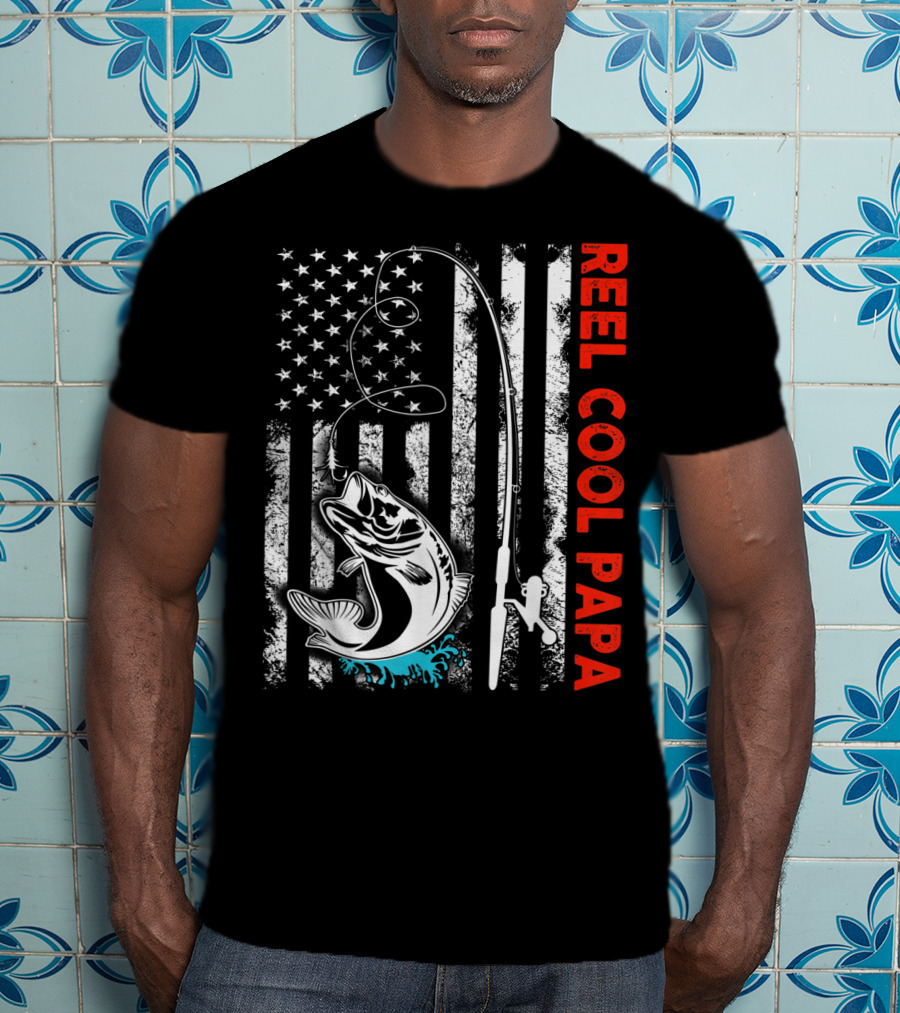 Reel Cool Papa American Flag Fishing Family Fun T-Shirt