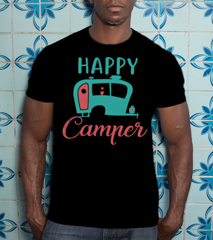 Happy Camper Retro Teal And Coral Vintage Camper T-Shirt