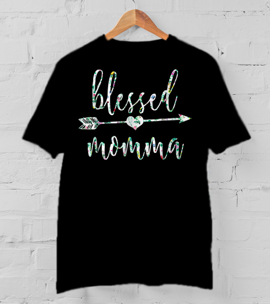Blessed Momma Hawaii Tropical Flowers Cute Floral Arrow Heart T-Shirt