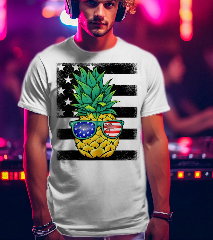 Hawaiian Pineapple With American Flag Sunglasses On Distressed Stars And Stripes Background T-Shirt