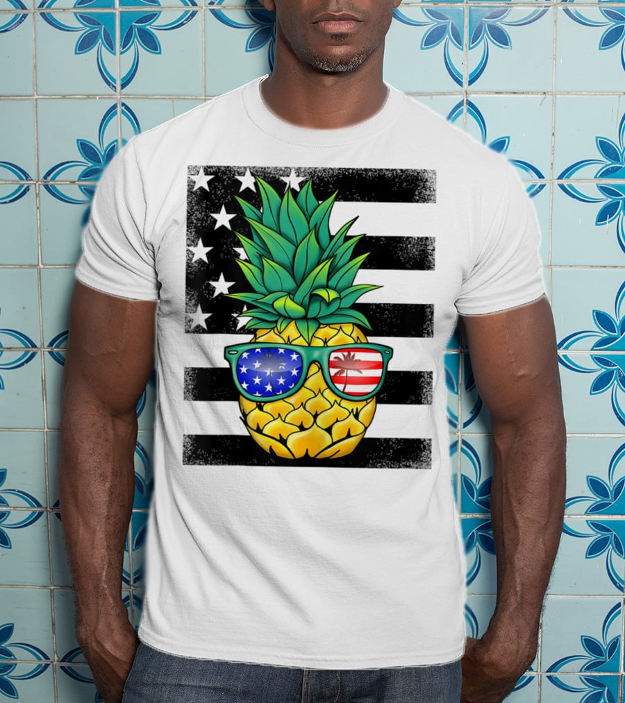Hawaiian Pineapple With American Flag Sunglasses On Distressed Stars And Stripes Background T-Shirt