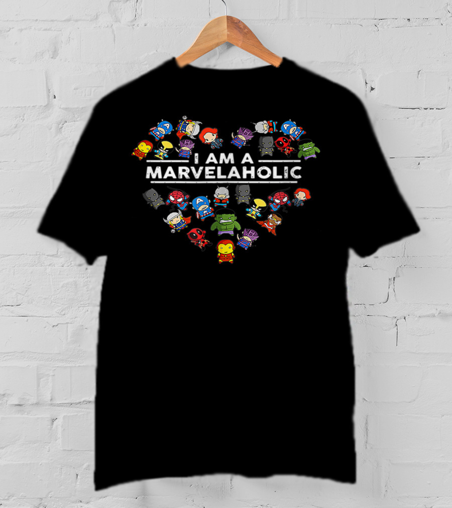 I Am A Marvelaholic Heart Shaped Superhero Characters T-Shirt