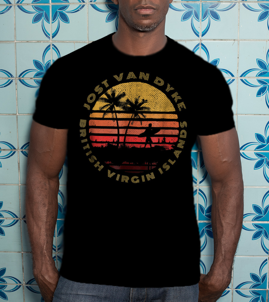 Jost Van Dyke British Virgin Islands Sunset Palm Trees Surfer T-Shirt