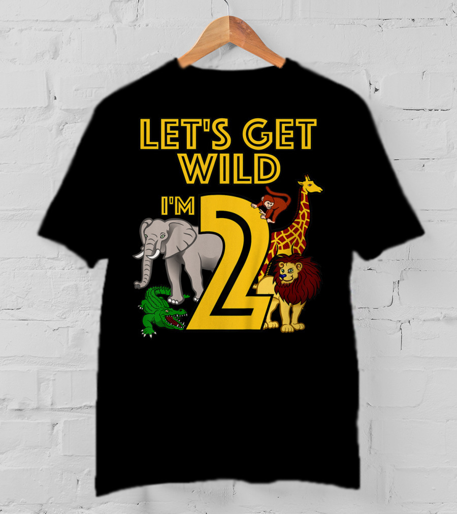Let's Get Wild I'm 2 Elephant Giraffe Lion Crocodile Birthday Safari Jungle Kids 2 Year Old Zoo T-Shirt