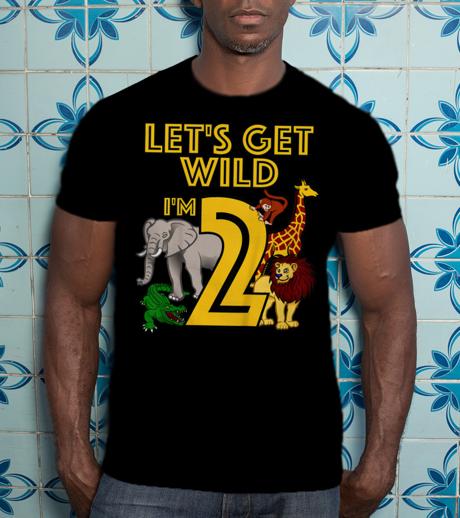 Let's Get Wild I'm 2 Elephant Giraffe Lion Crocodile Birthday Safari Jungle Kids 2 Year Old Zoo T-Shirt