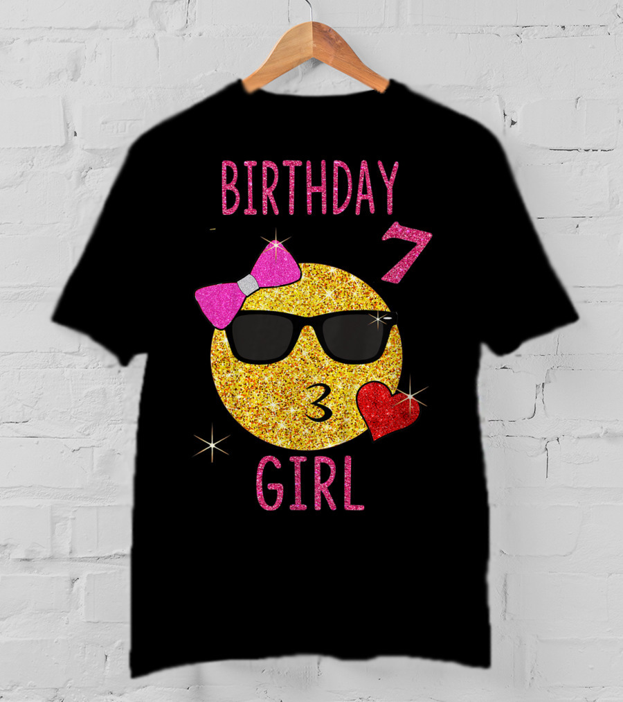 Birthday 7 Girl 7 Years Old Emoji Wearing Sunglasses Bow Heart T-Shirt