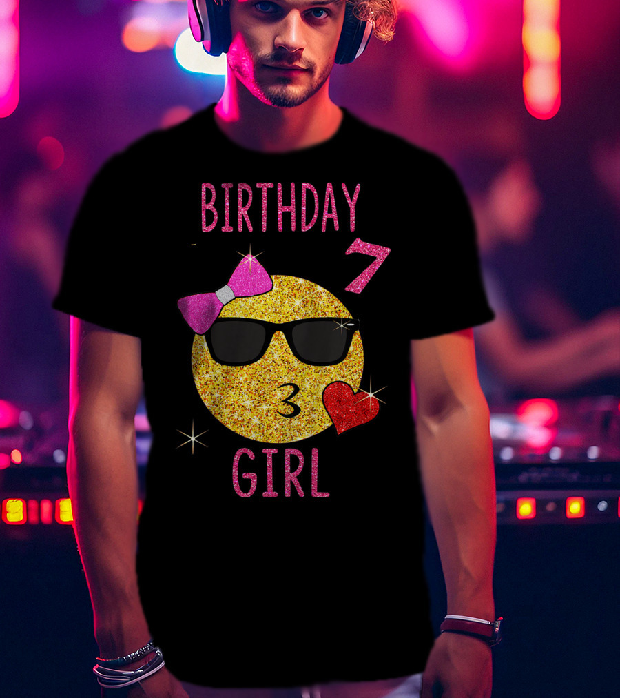 Birthday 7 Girl 7 Years Old Emoji Wearing Sunglasses Bow Heart T-Shirt